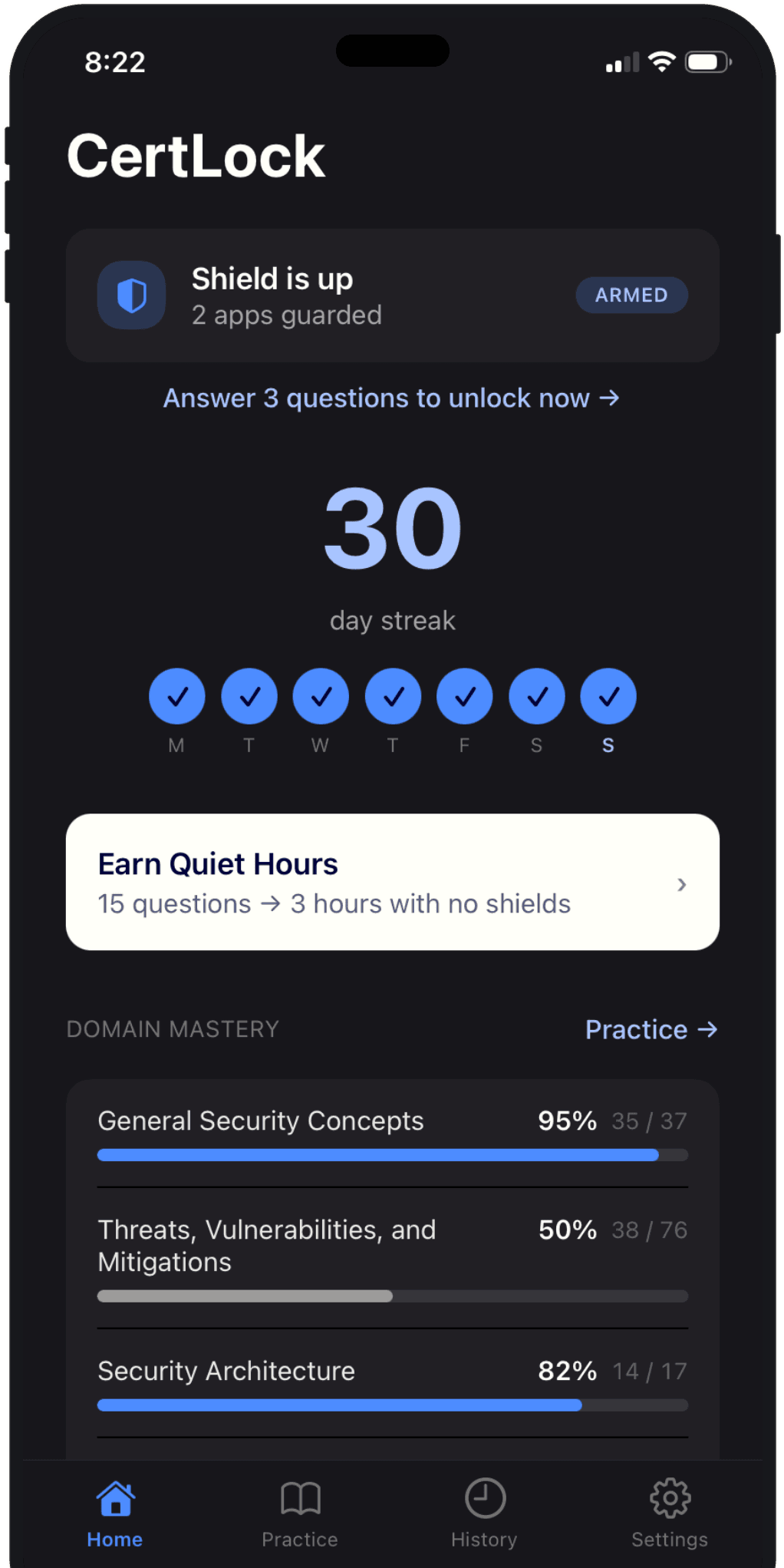 CertLock home screen showing streak and domain mastery